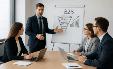 Réunion d’affaires entre dirigeants et cadres en entreprise, discutant de stratégies de prospection B2B autour d’une présentation corporative.