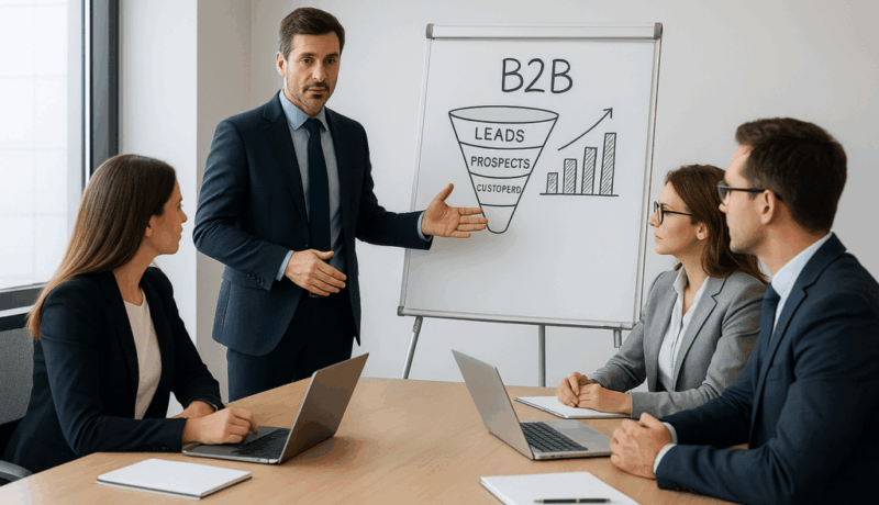 Réunion d’affaires entre dirigeants et cadres en entreprise, discutant de stratégies de prospection B2B autour d’une présentation corporative.