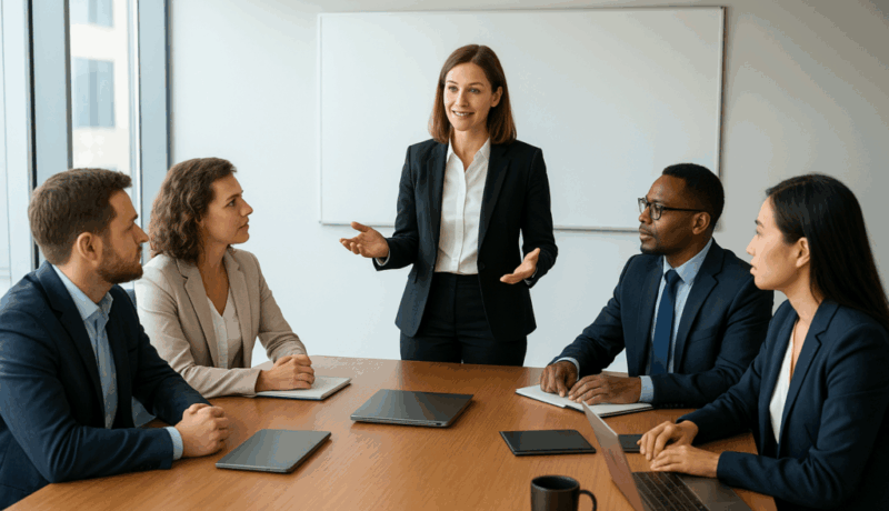 Équipe de professionnels en réunion dans une salle de conférence moderne, collaborant autour d’une table lors d’une discussion sur la gestion de la performance.